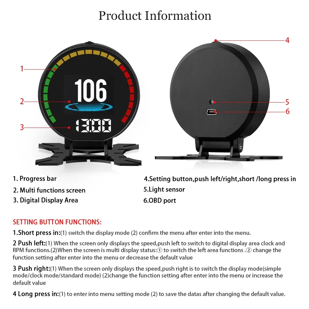 P15 OBD2 HUD 속도계 헤드업 디스플레이 스마트 디지털 미터 속도 전압 오일 수온 PRM 자동차 게이지 플러그 앤 플레이