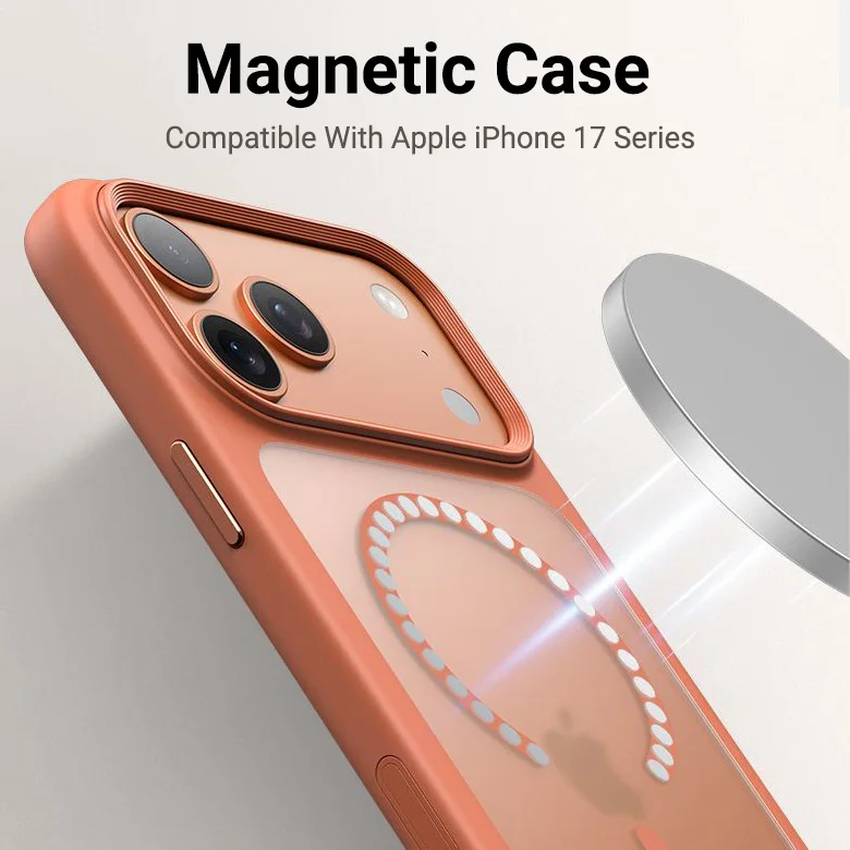 Luxury Orange Matte Transparent Magsafe Phone Case with Metal Buttons and Skin-Feel Shockproof Protection