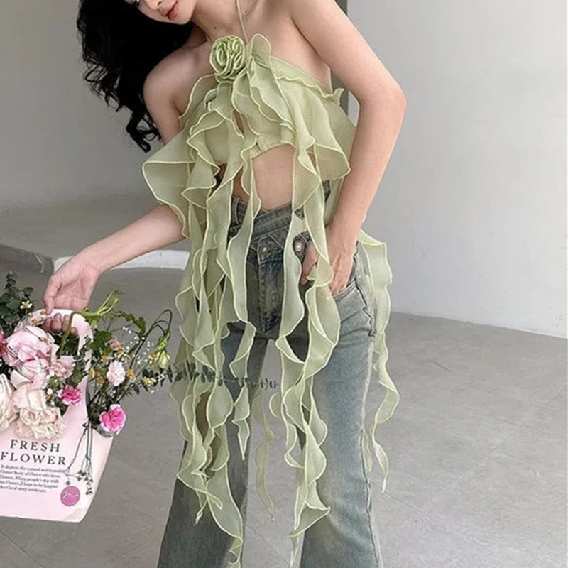 

Y2K Fairy Multi Streamer Off Shoulder Tank Top Aesthetic 3d Flower Hollow Out Backless Crop Tops Summer 2023 New Corsets