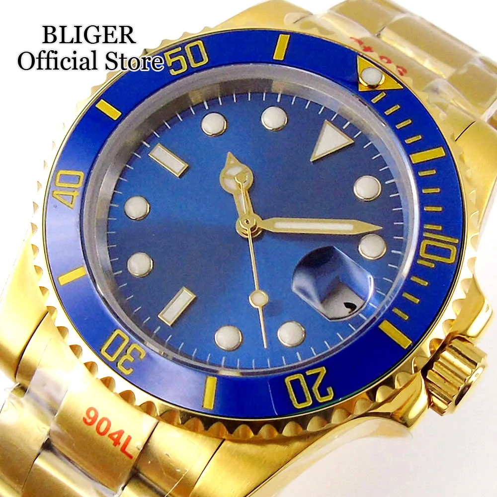 

BLIGER Blue Green Dial Full Gold Case NH35A PT5000 Miyota Automatic Watch Men Slide Glide Lock Oyster Strap Sapphire Glass