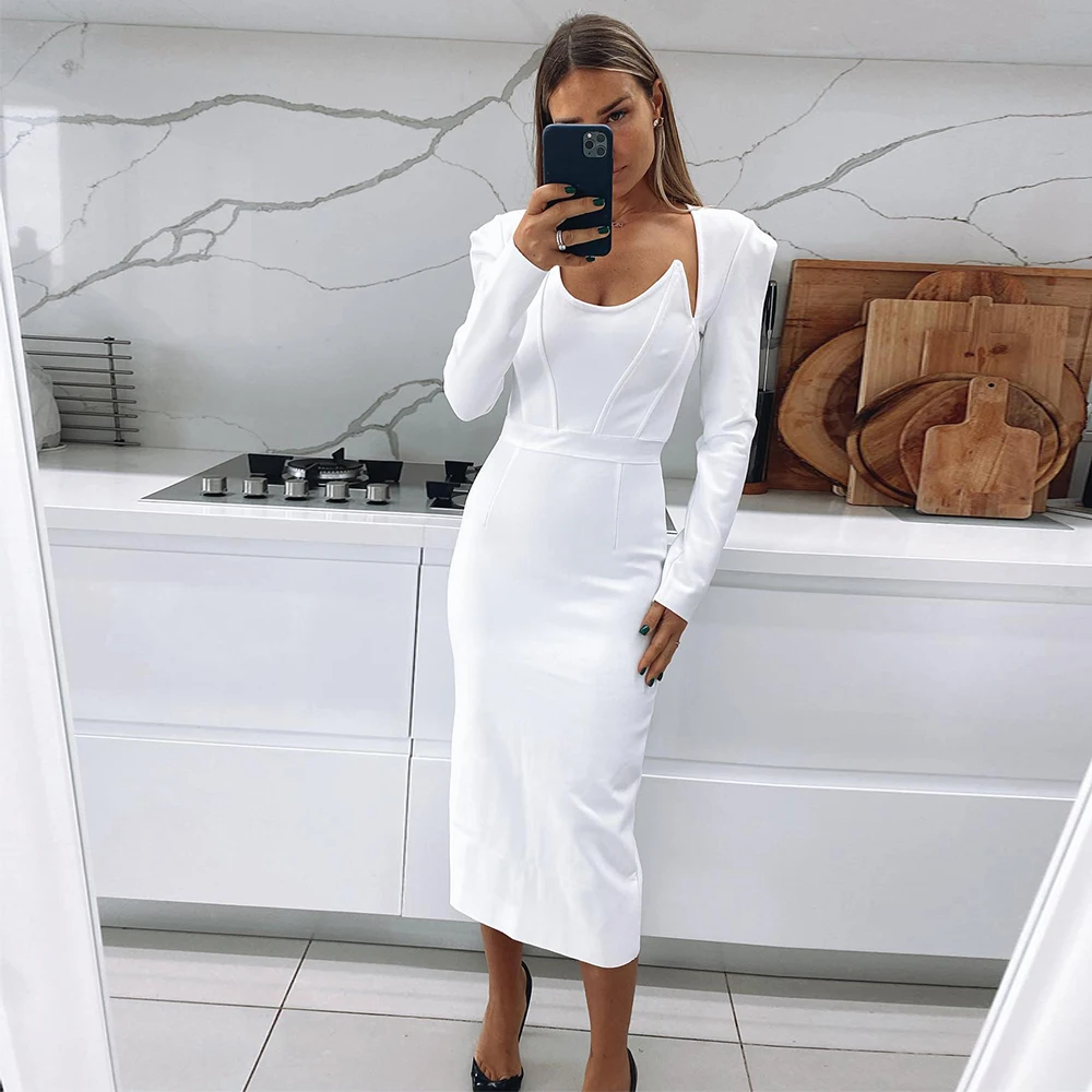 

Женское свадебное платье с длинным рукавом, белое платье-футляр средней длины, платье невесты до середины икры, 2023