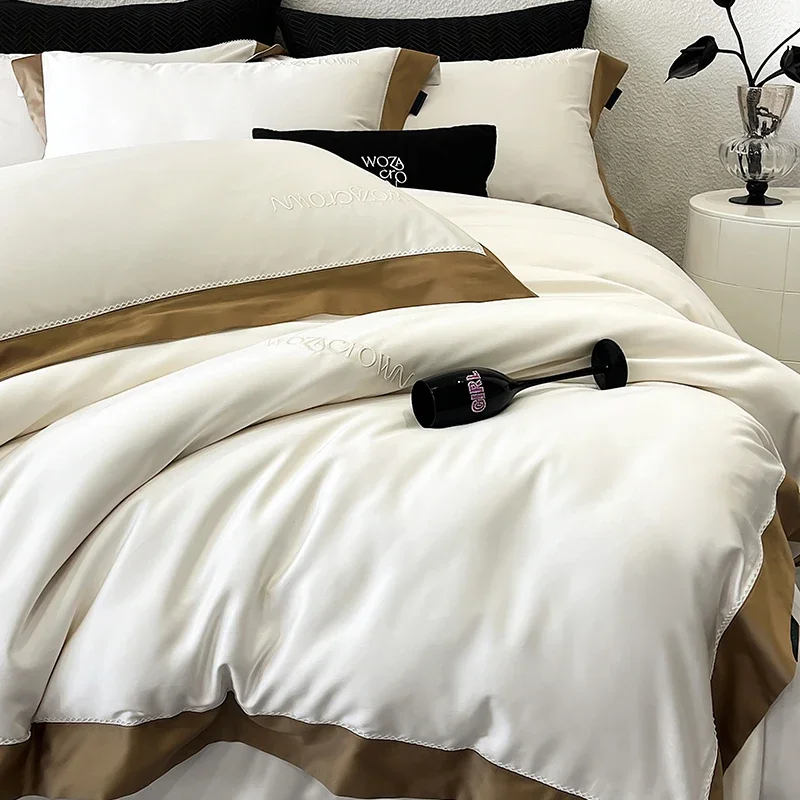 800TC Lyocell Cotton Luxury Bedding Set Soft Silky Pure Color Hotel Style Duvet Cover Bed Sheet Fitted Sheet Pillowcase 4Pcs