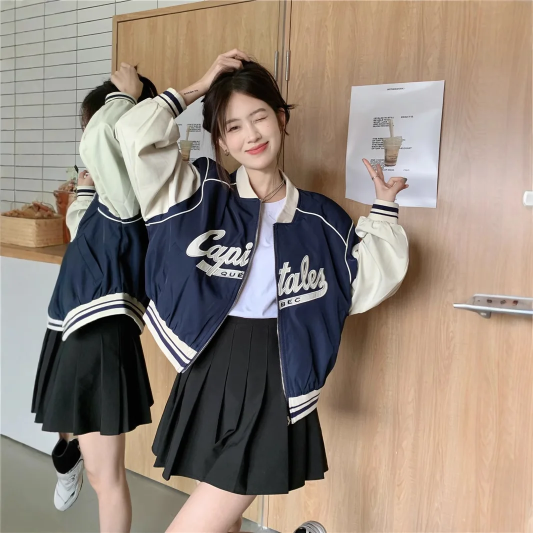 한국 스타일 짧은 야구 재킷 여성용 봄 가을 컬러 블록 디자인 아메리칸 레트로..