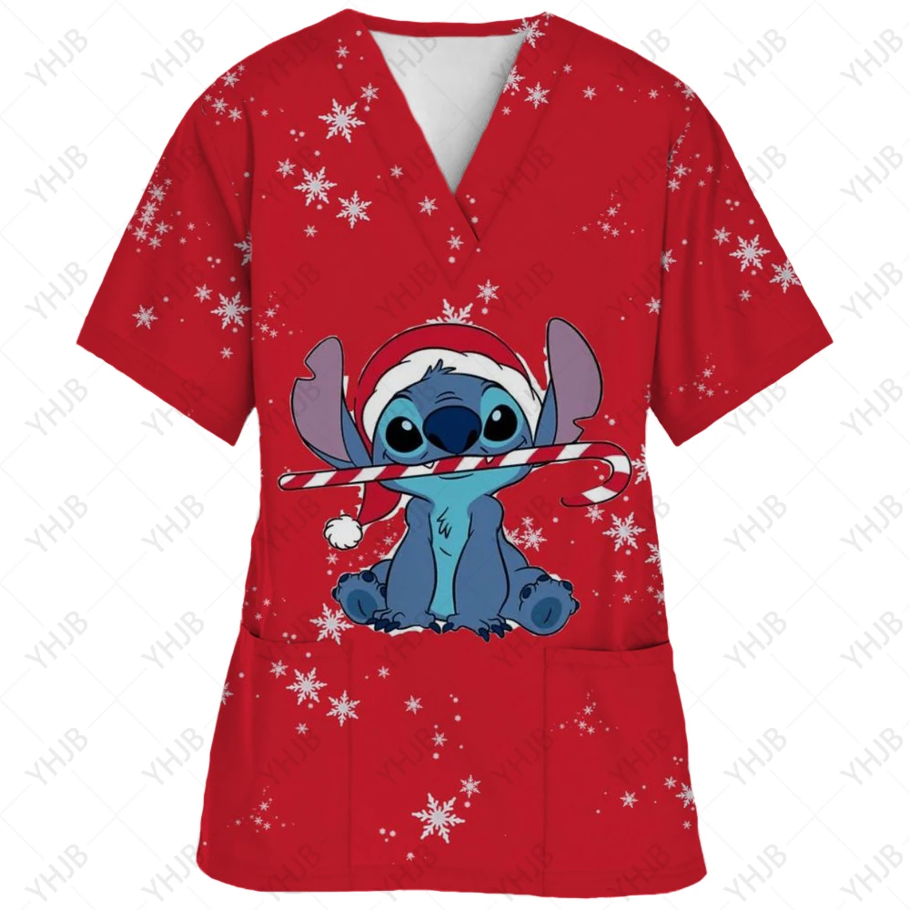 Blusa de uniforme de trabajo con cuello en V y cordón de manga corta con estampado de dibujos animados de Disney Stitch para mujer