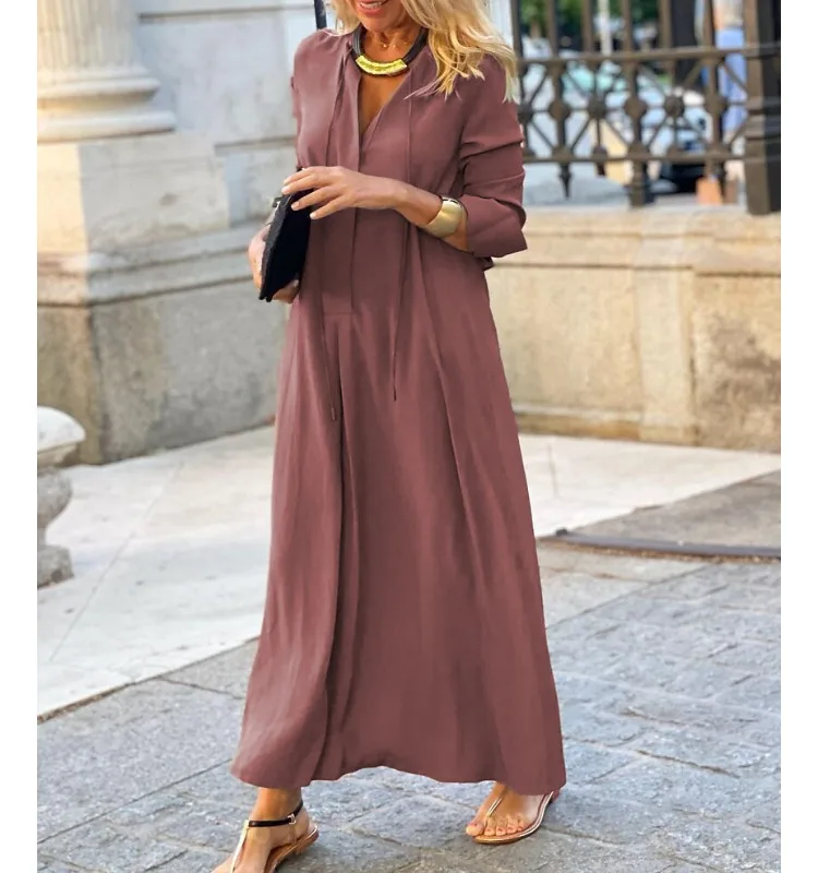 

2024 Spring Summer New Large Swing Skirt Solid Color Lapel Long Sleeve Simple Casual Long Shirt Dress