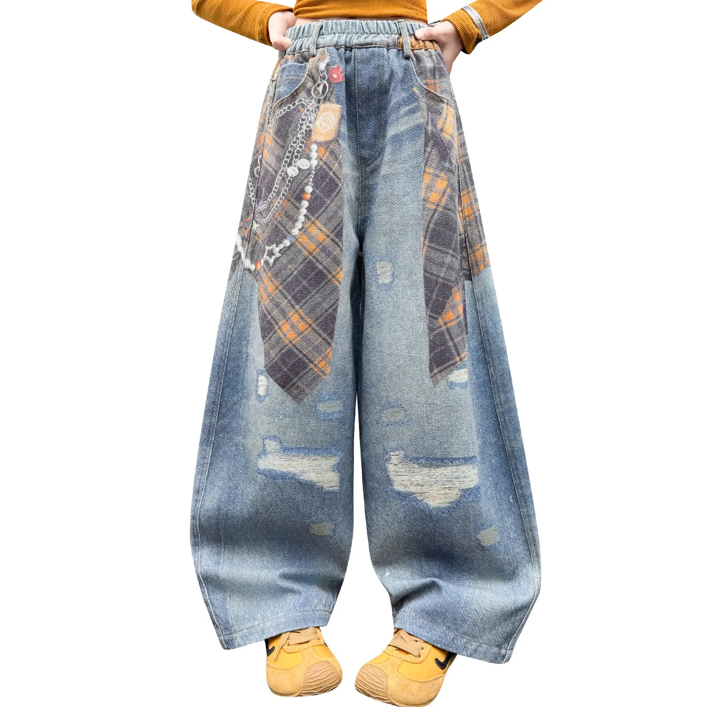 루즈핏 아동용 하이 재즈 힙합 스트릿 댄스 프린트 청바지, 십대 소녀 패션 힙합 데님 팬츠, 키즈 무대용 바지