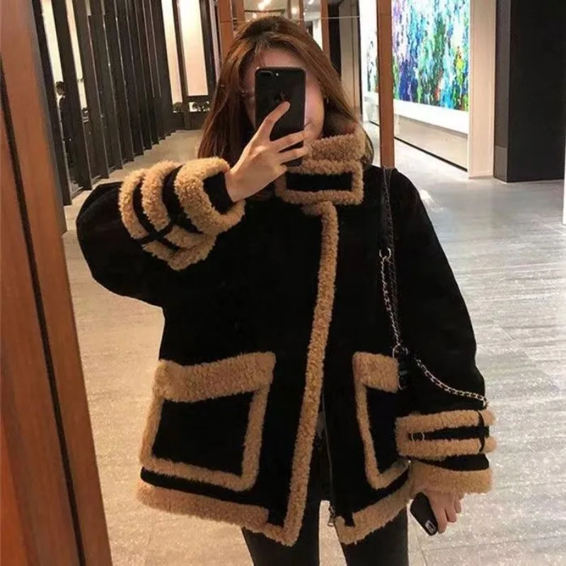 

Fleece Coat Women Corduroy Splicing Jacket Vintage Warm Lambswool 2023 Thick Stand Collar Casual Female Warm Streetwear Jackets