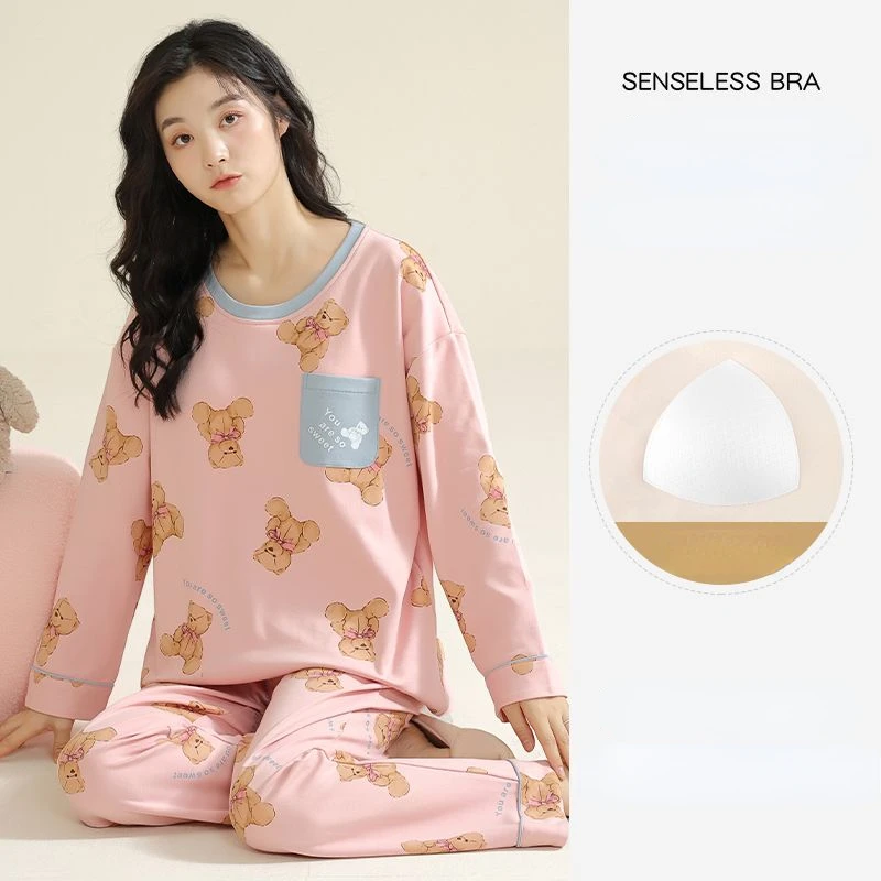 Cotton Sleepwear Spring Autumn Chest Pads Long Sleeve Pullover Pants Pajama Sets Homewear Kawaii Clothees Loungewear Two Piece