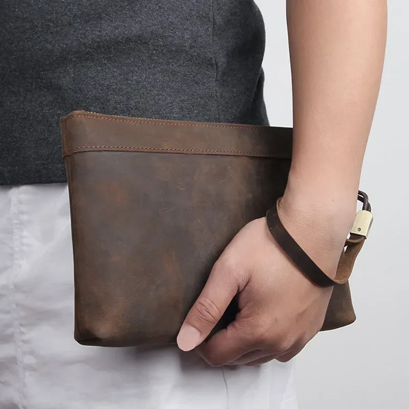 

Bag Clutch Belt Vintage Big Wrist Genuine Leather Inch With Purse Wallet RFID IPhone Clutches Cowskin Mens Day 6 Hand