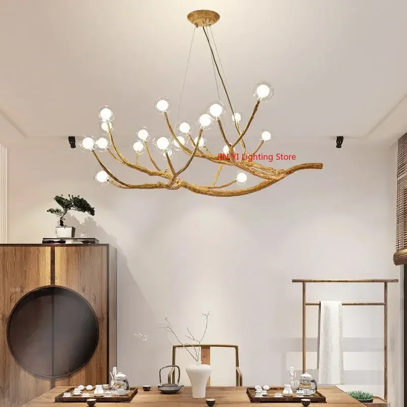 Simulation Resin Iron Tree Branch Glass Bubble Led Retro Pendant Chandelier For Living Room Decor Hanging Lighting