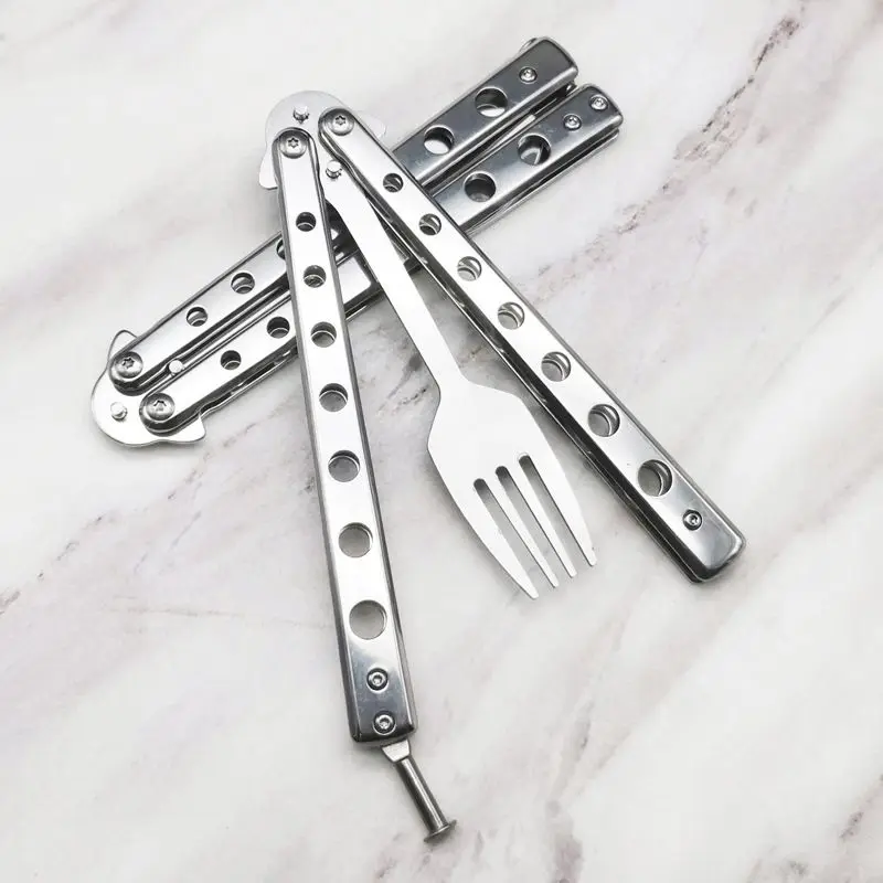 Metal Folding Balisong Spoon Fork Butterfly Knife Game Safety Practice