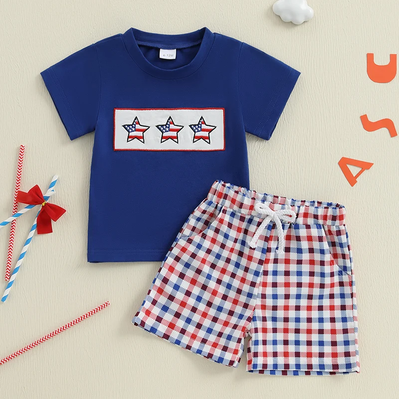 0-3Years Baby Boys Summer Activewear Outfits Independence Day Short Sleeve Star/Bow/Cow Embroidery T-Shirt+Shorts Toddler Sets