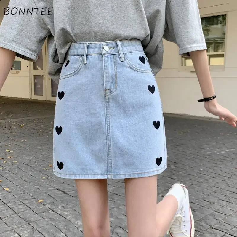 

Skirts Women Friends Embroidery Heart Kawaii Mini Denim Korean Style Hot Vintage Slim Sweet Girls Popular Harajuku Leisure Daily