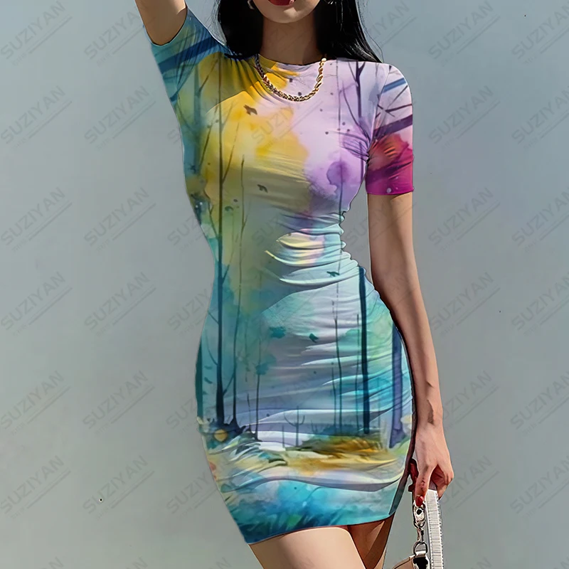 

Женское приталенное платье, модное Трендовое платье с 3D принтом, классическое платье с круглым вырезом, летнее удобное платье с коротким рукавом