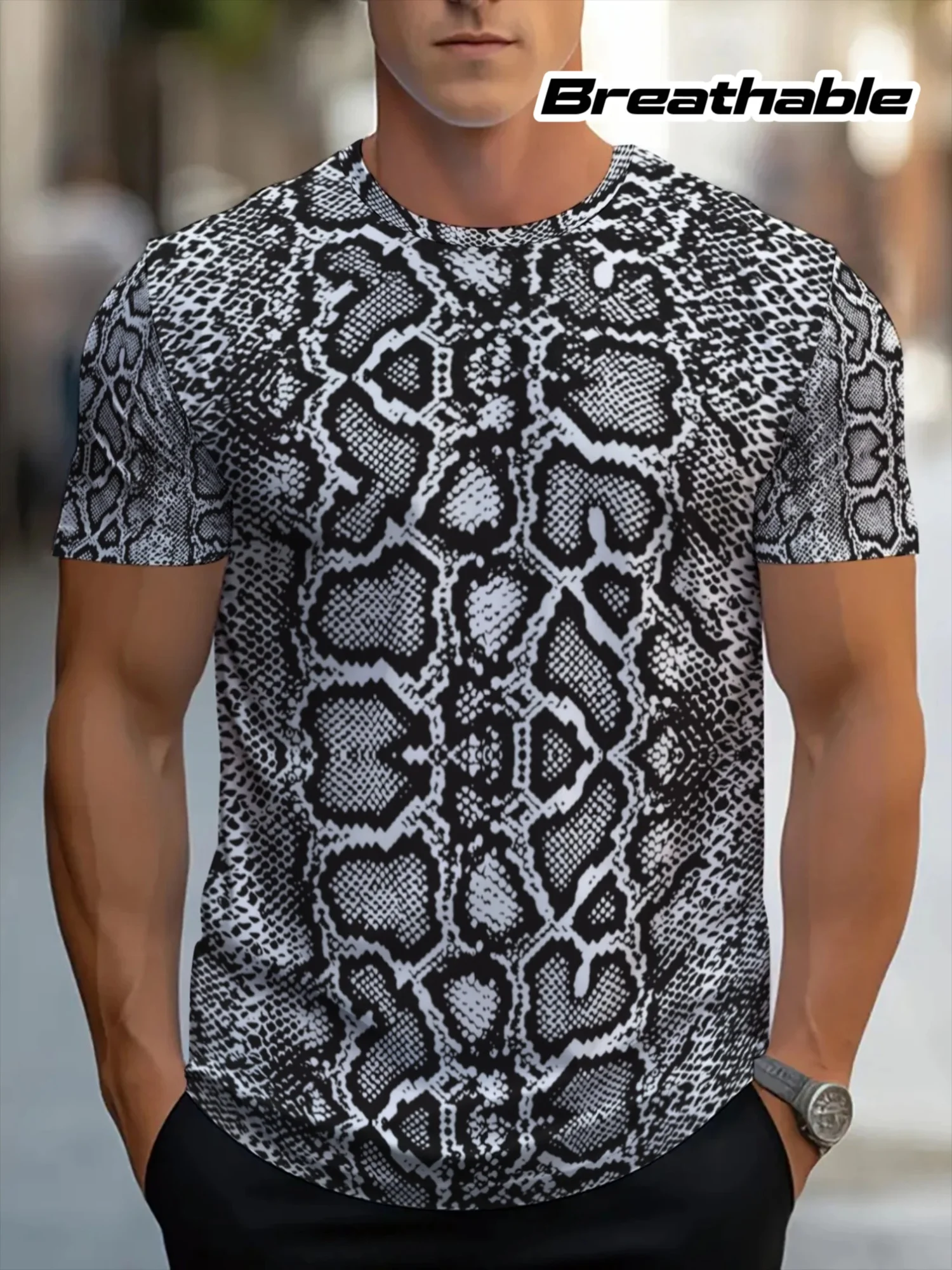 Herren 3D-Druck T-Shirt Schwarz-Weiß Schlangenhaut-Print O-Ausschnitt Kurzarm Atmungsaktives Sommer-Streetwear-Shirt