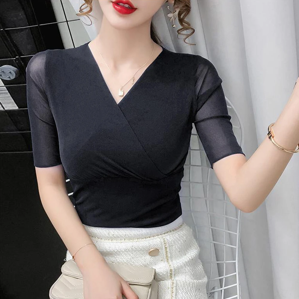 

New Basic Short Sleeve V-Neck T-shirt Tops Women Sexy Elastic Tees S-4XL Ladies Fashion Slim Stretch Black Purple White Shirt