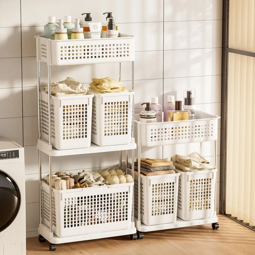 Bathroom Storage Trolley Multifunctional Layer Rolling Cart Washing Shelf Dirty Clothes Basket Laundry Storage Trolley