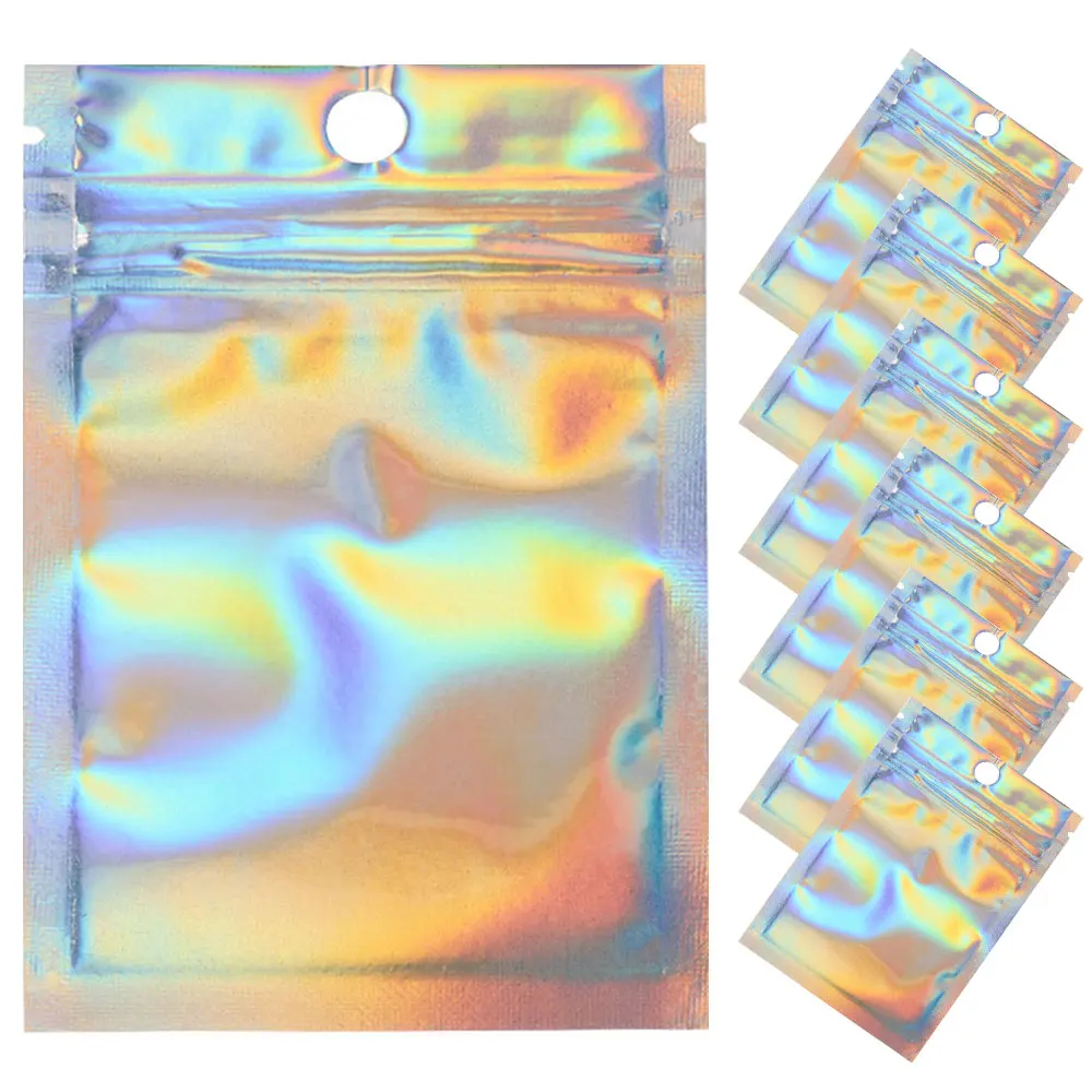 50pcs Holographic Laser Color Ziplock Bag Resealable Plastic Bag Smell Proof Food Storage Pouch for DIY Jewelry Retail Packaging 50pcs thicken plastic zip lock bags resealable mylar pouches no hole bag for diy jewelry packaging display wrap retail bags