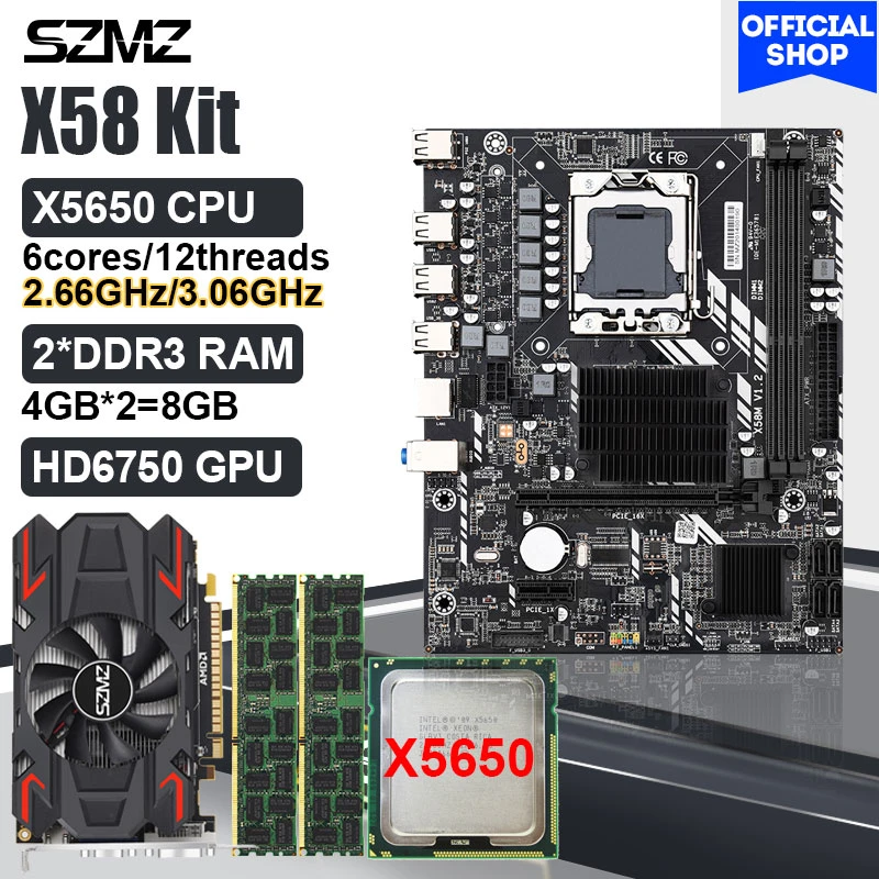 SZMZ X58 Motherboard Xeon Kit with GDDR5 GPU HD 6750 1GB + E5 X5650 CPU + 8GB DDR3 RAM Placa Mae LGA1366 PC Assembly Kit Plate
