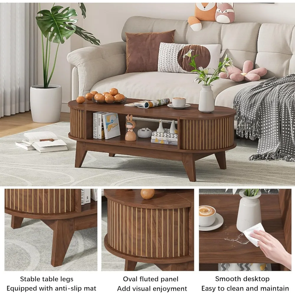 Coffee Table with Storage,Mid Century Modern Coffee Tables with 2 Flip-Top Hidden Lids,Fluted Coffee Table,Wood Center Table for 3