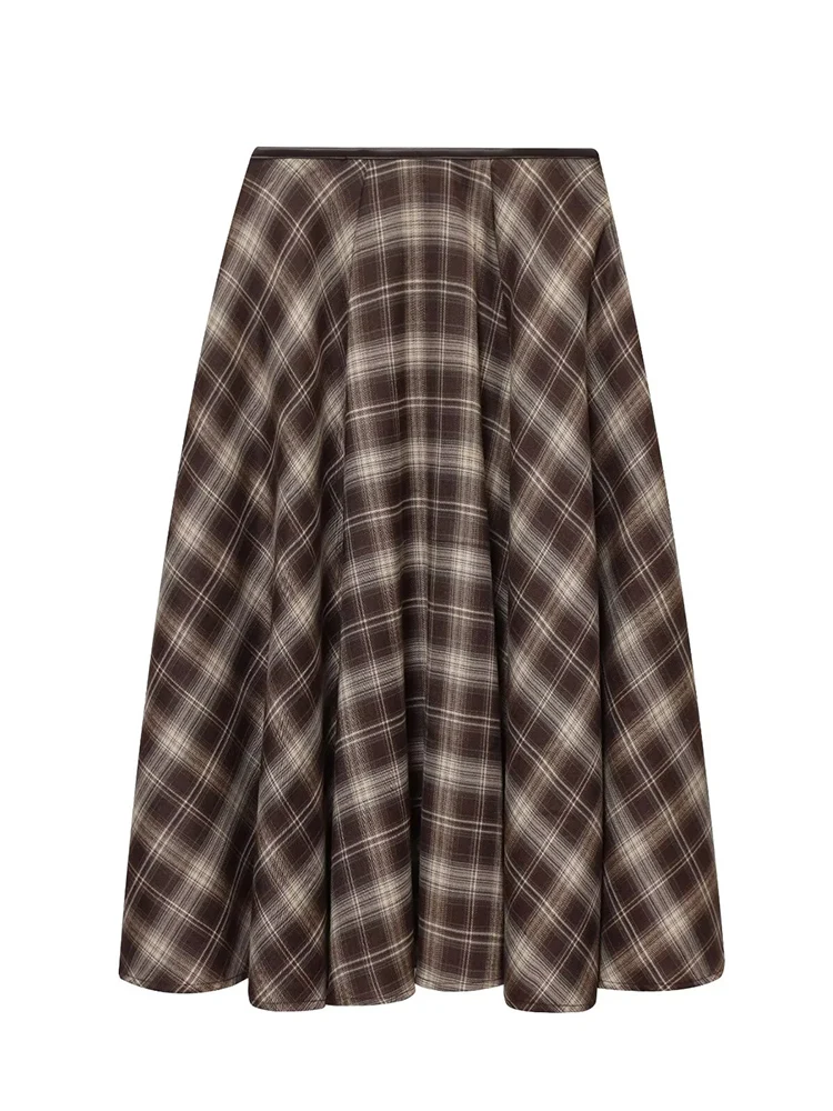 New Women's Retro Plaid Umbrella Skirt Autumn Winter A-line Skirt With Pockets Chic Ladies High Waist Mid Length Skirts