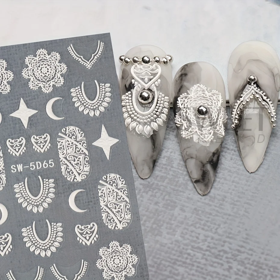 5D Fashion Totem Embossed Nail Stickers Black White Filigree Retro Self Adhesive Decals Lace Flowers Relief Manicure Folis Decor