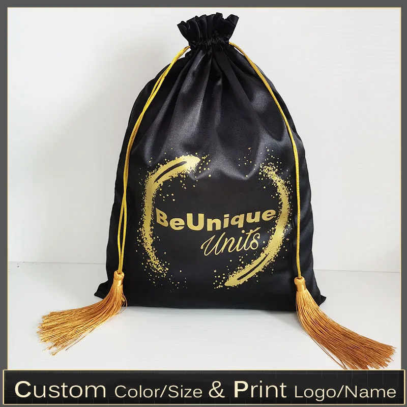 

30p 30x40cm Custom Logo Black Satin Hair Tassel Bag Wig Bundle Extenssios Storage Drawstring Bags Cosmetic Gift Shoes Packaging