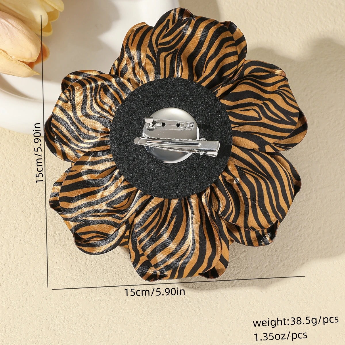 Fashion Leopard Print Big Flower Brooch Hair Clip 2-in-1 Satin Fabric Statement Accessory for Women Coat Dress Decoration