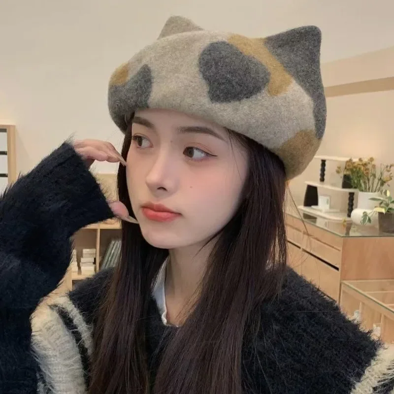 

Autumn and Winter Wool Cat Ears Berets for Women Girls Artist Painter Hat Woolen Felt Ears Tail Cartoon Kawaii Women Fedora Caps