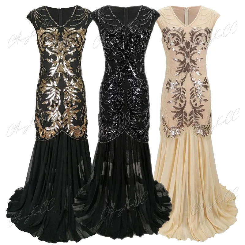 

20s Women's 1920s Party Dresses Beaded Sequin Evening Gown Gatsby Flapper Long Dress V-Neck Sleeveless Chiffon Maxi Dress S-XL