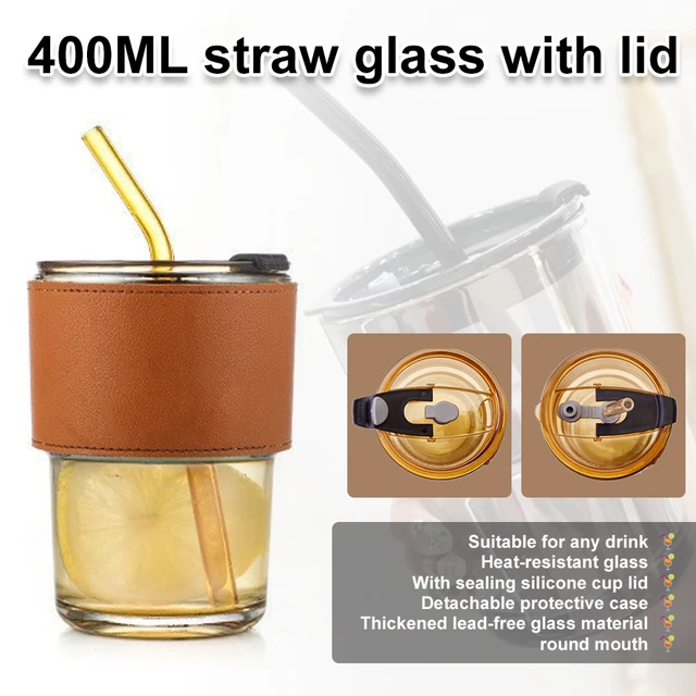 450ml Lead Free Glass Mug with Cup Sleeve and Lid Straw Coffee Cup Juice  Glass Cute