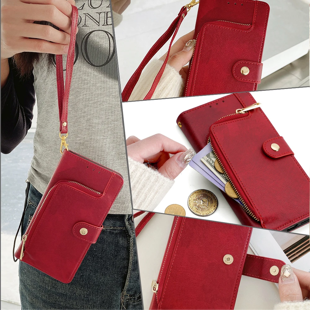 Leather Flip Phone Case with Zipper Wallet, Card Slots, and Lanyard