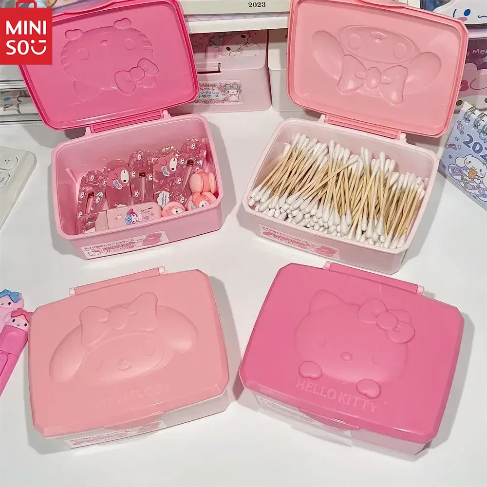 

MINISO Sanrio My Melody Hello Kitty Storage Box Anime Cute Cotton Swab Cotton Pad Stationery Headpiece Storage Box Girls Gifts