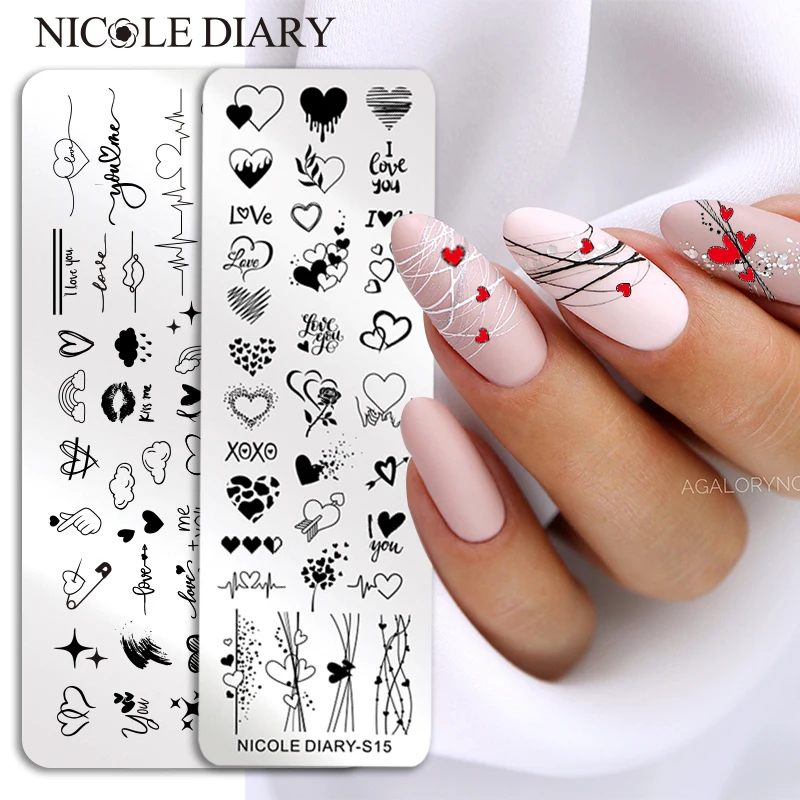 Трафареты NICOLE DIARY для стемпинга ногтей в полоску сердце любовь День Святого