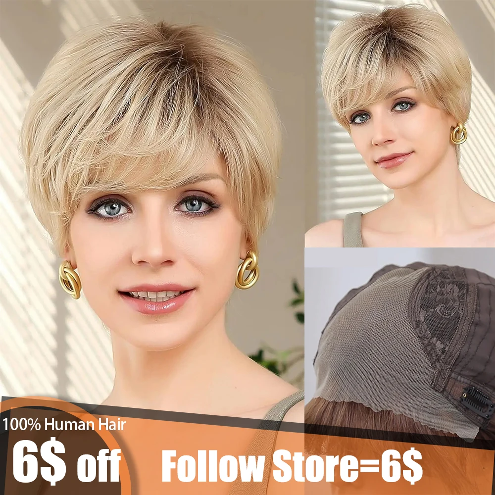 Perruque Synthétique Courte Style Pixie Blond Doré - Avec Frange Et Bonnet Inclus - Neuf