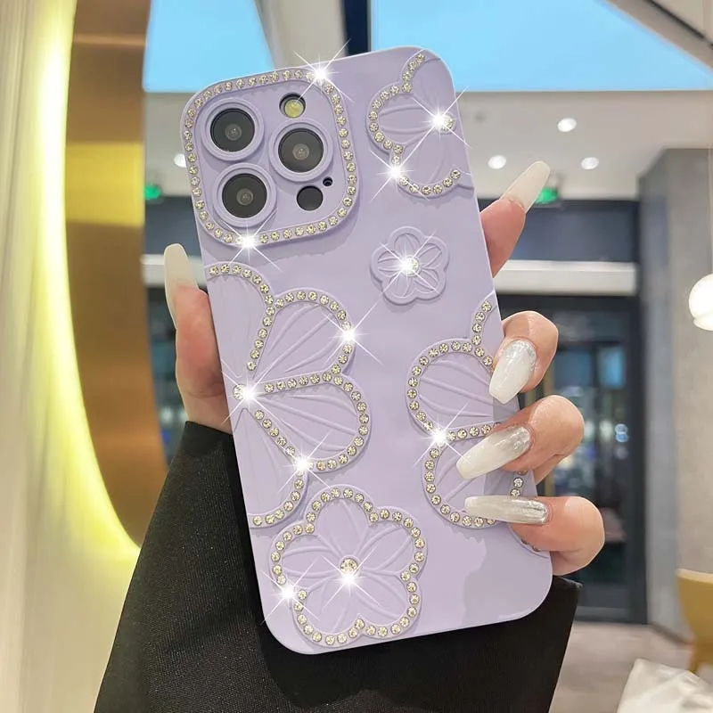 Funda transparente con diseño de flores y diamantes con baño de purpurina para iPhone 16, 15 Pro Max, 14, 13, 12 y 11, funda de silicona suave a prueba de golpes con brillantes diamantes de imitación