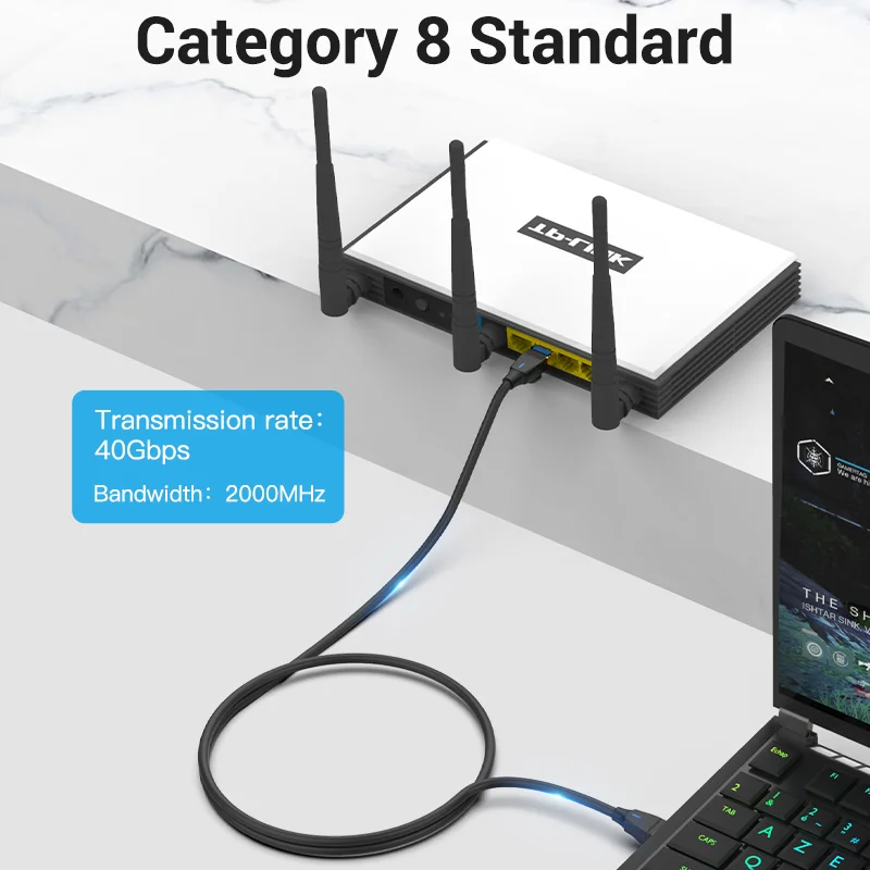 Cavo Rete 40gbps Cavo Ethernet Cat8 Duttek 40Gbps 2000MHz - Connettore Angolo Sinistro RJ45 A Femmina, 0,5 M, Per PC, Router, Switch Cavo Per PC Router