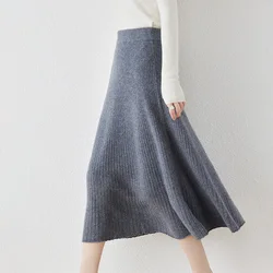 100% Merino Wool Sweater Knitted Mid-Length Skirt New Autumn And Winter Women's Versatile Commuter Striped A-Line Skirt