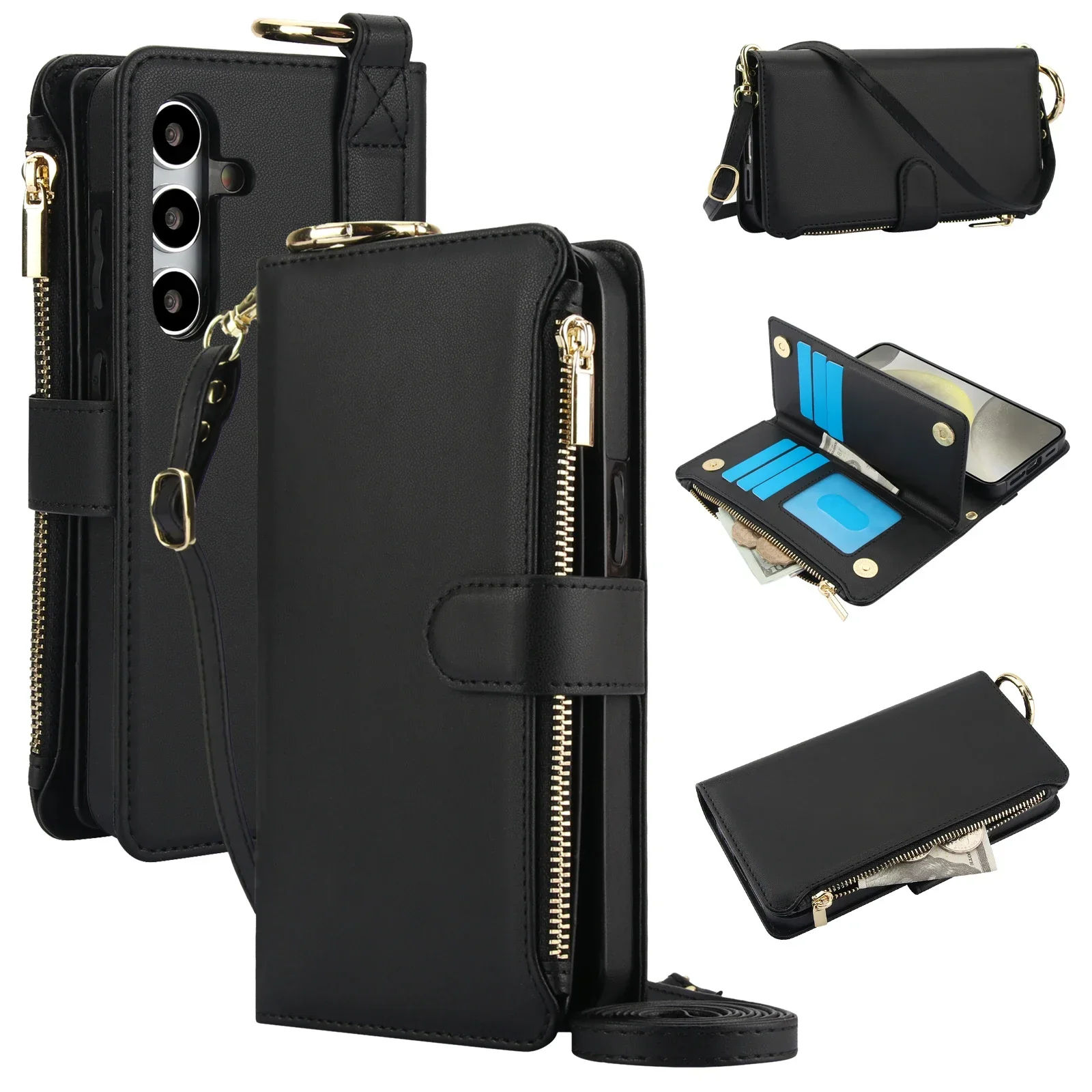 Leather Wallet Case with Ring Lanyard and Card Slots - Zipper Flip Purse Cover
