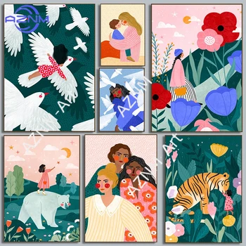 Poster e Dipinti su Tela con Illustrazioni Astratte Minimaliste di Ragazze, Mamme e Figlie, Arte Murale per Camere dei Bambini e Decorazioni per la Casa