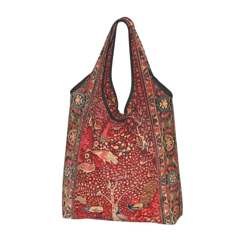 

Custom Antique Persian Rug Bird Tree Flowers Shopping Bag Portable Big Capacity Groceries Bohemian Floral Shopper Tote Bags