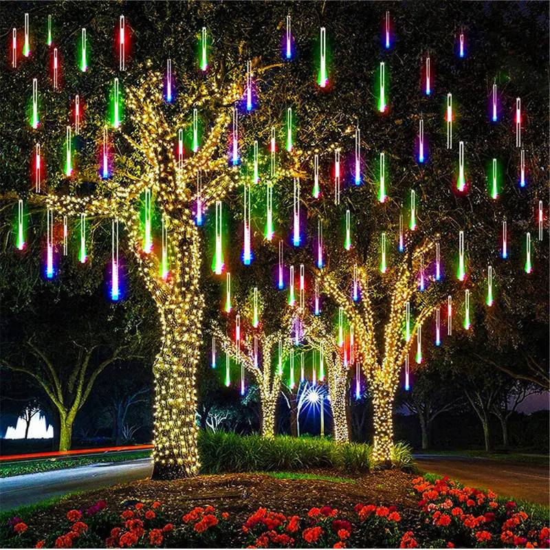 Meteor Shower Lights Outdoor LEDs Meteor Lights Connectable Falling Rain Lights Christmas Raindrop Snowfall Fairy Garden Lights