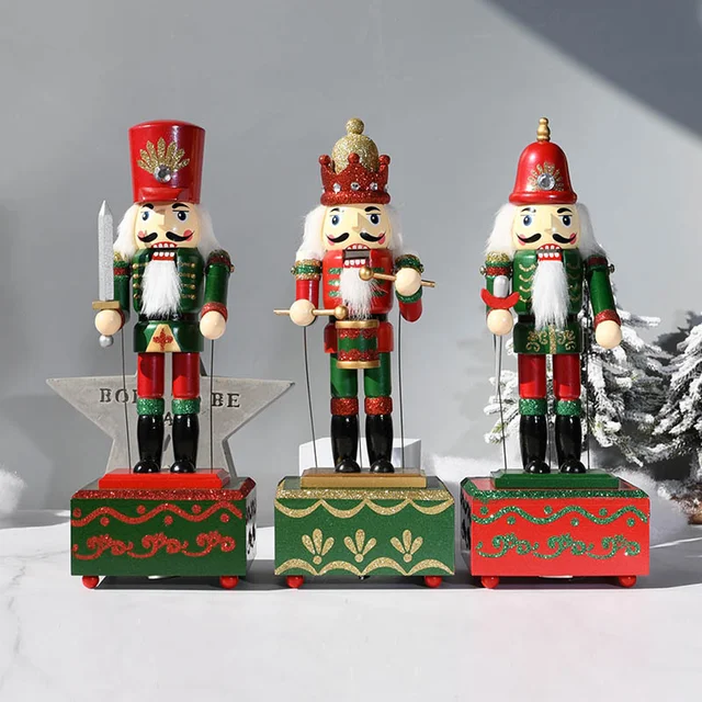 36CM Nutcracker Walnut Clip Music Box Square Octave Box Drumming And Fencing Walnut Home Decoration Cartoon Characters