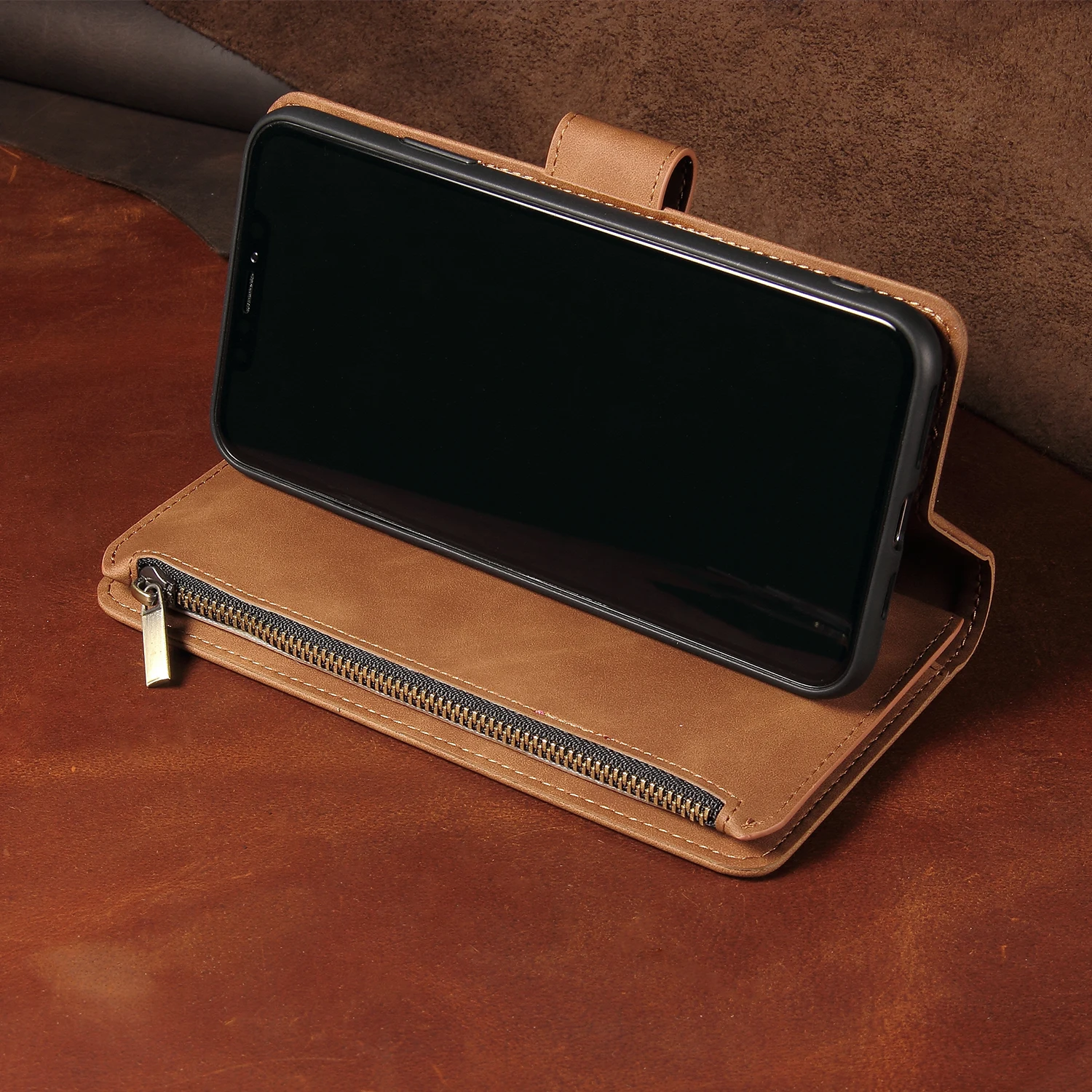 Premium Leather Wallet Case For iPhone 16 15 14 13 12 11 17 Pro Max Plus 17Air 16e Zipper Wallet Card Slots Magnetic Flip Cover