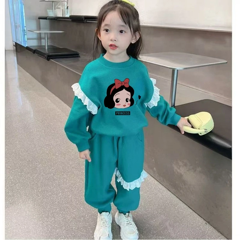 Disney Autumn Baby Clothes Lace Decoration Set Kid Snow White Printed Girl Sweatshirts Pullover Top & Pants Sportswear 2pcs