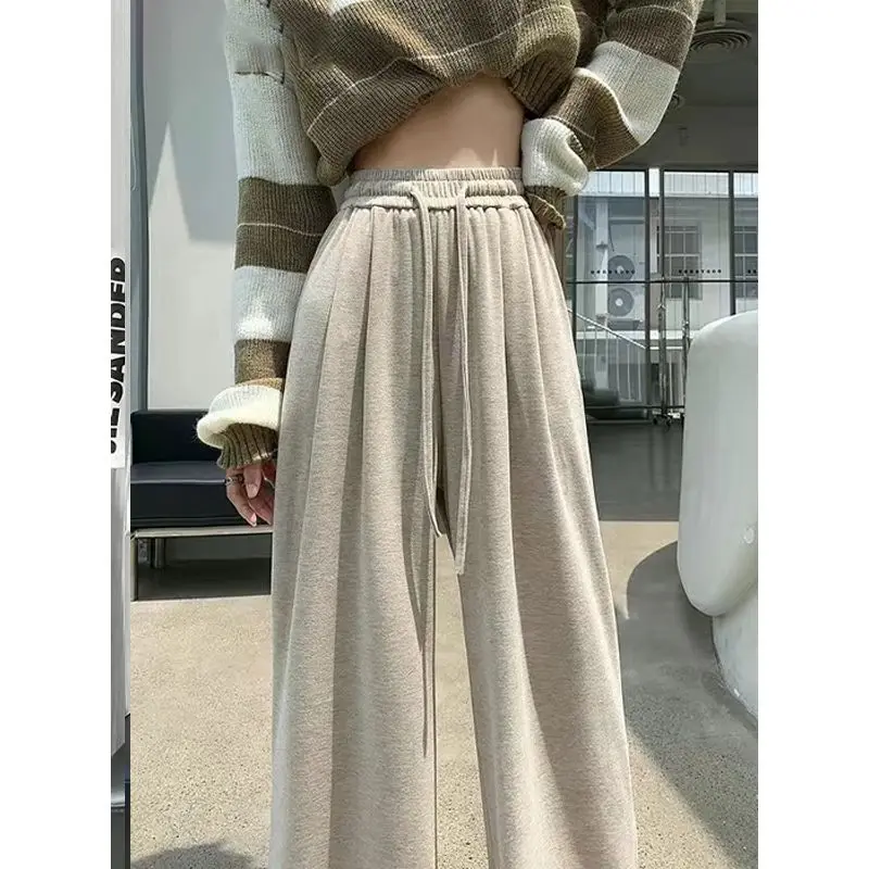 Spring Autumn New Solid Color Fashion Elastic Waist Wide Leg Trousers Women High Street Casual Drawstring Elegant All-match Pant