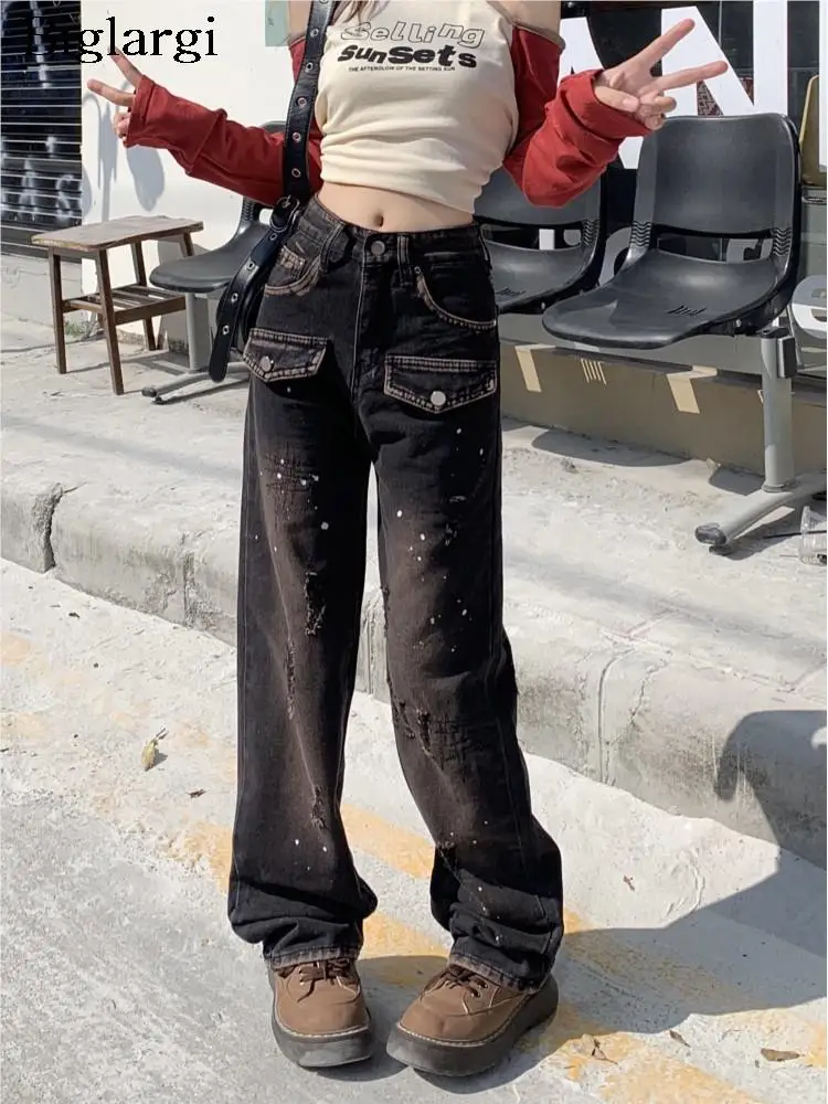 

Jeans Long Retro Spring Pant Women Graffiti Print Fashion High Waist Ladies Trousers Korean Style Loose Pleated Woman Pants