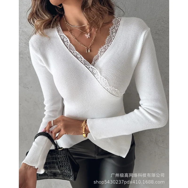 

2024 Autumn Winter New Women's Solid Color Lace Cross V-neck Knitwear Slim Fit Slit Short Top