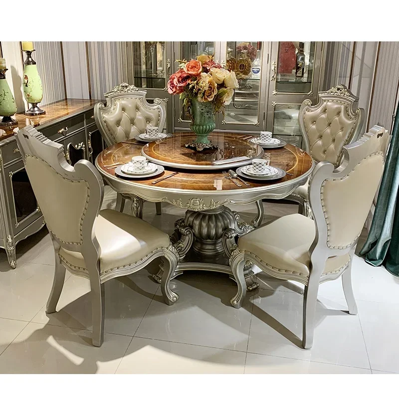 European style dining table solid wood round dining table natural wood parquet chair combination household round ri