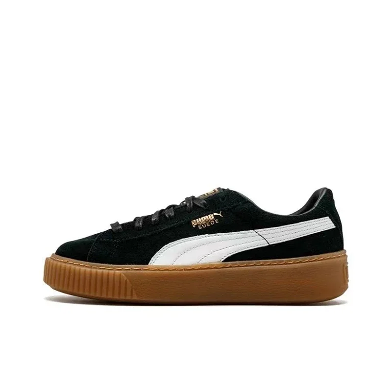 PUMA Suede Platform - Zapatillas de caña baja de dos capas de piel de vacuno con diseño de bizcocho, color negro, versión simplificada